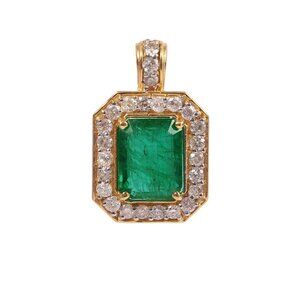 18k Gold Natural Emerald Cut Pendant: Zambian Emerald & Diamond Halo